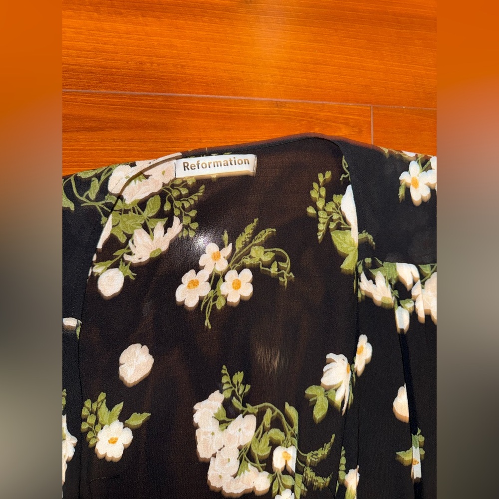 Reformation Black Floral Wrap Midi Dress - Picture 5 of 6